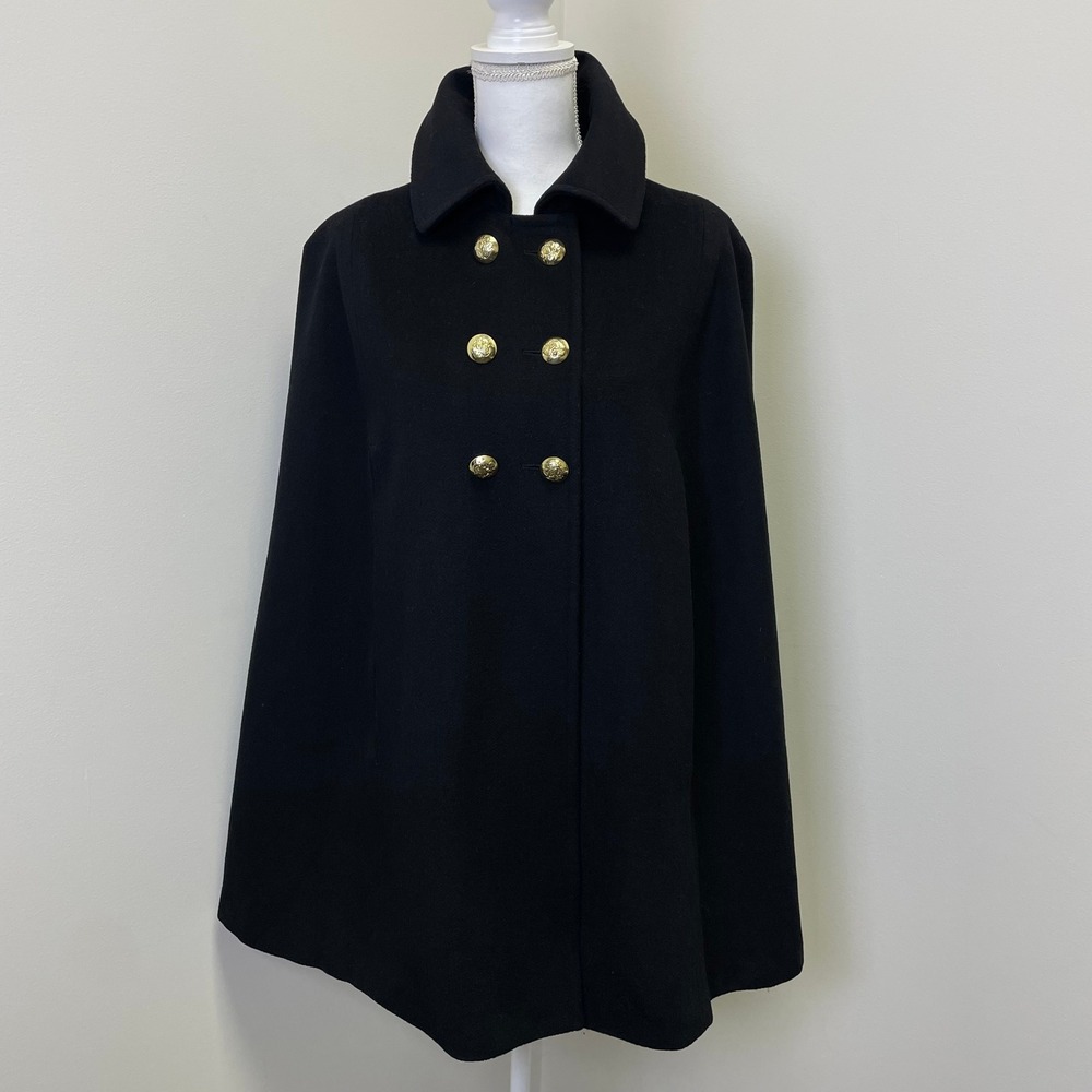The Limited  Black Wool Blend Double Breasted Cape Coat Gold Buttons M/L
